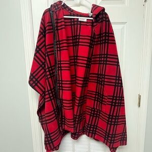 Moda Red and Black Plaid Poncho with Hood and Pockets